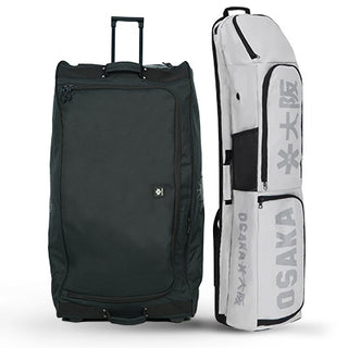 Black goalkeeping bag and white Osaka branded bag on a white background