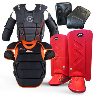Set of protective sports gear including a chest protector, leg pads, and hand guards on a white background.