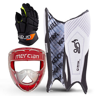 Set of cricket protective gear including gloves, helmet, and leg guard on a white background.