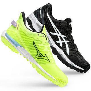 Two pairs of hockey shoes, one neon yellow and one black with white accents, on a white background.