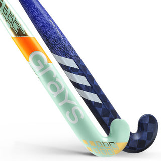 Two hockey sticks with blue and green design on a white background